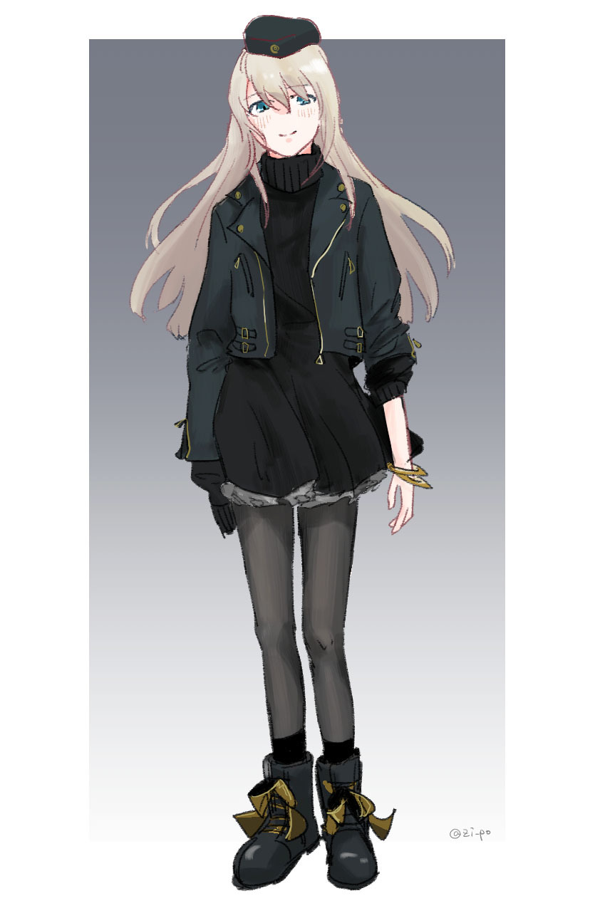 1girl, alternate_costume, bangle, black_boots, black_dress, black_hat, black_jacket, blue_eyes