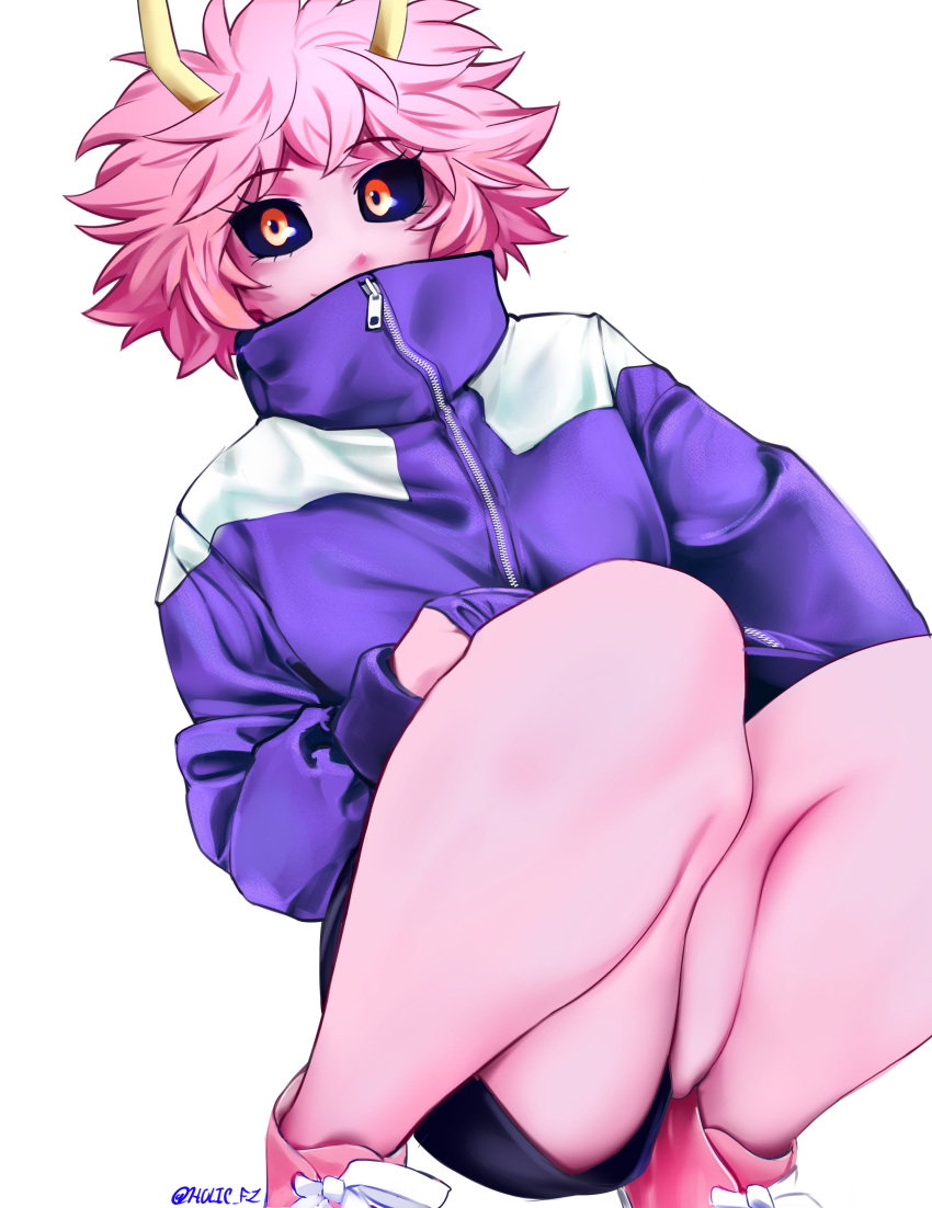 1girl, absurdres, artist_name, ashido_mina, black_sclera, black_shorts, boku_no_hero_academia, colored_sclera