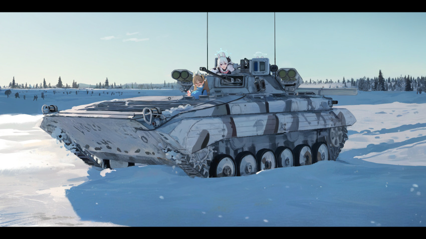 3girls, 9m133_kornet, absurdres, admiralkeyes, anti-tank_missile, armored_personnel_carrier, armored_vehicle, autocannon