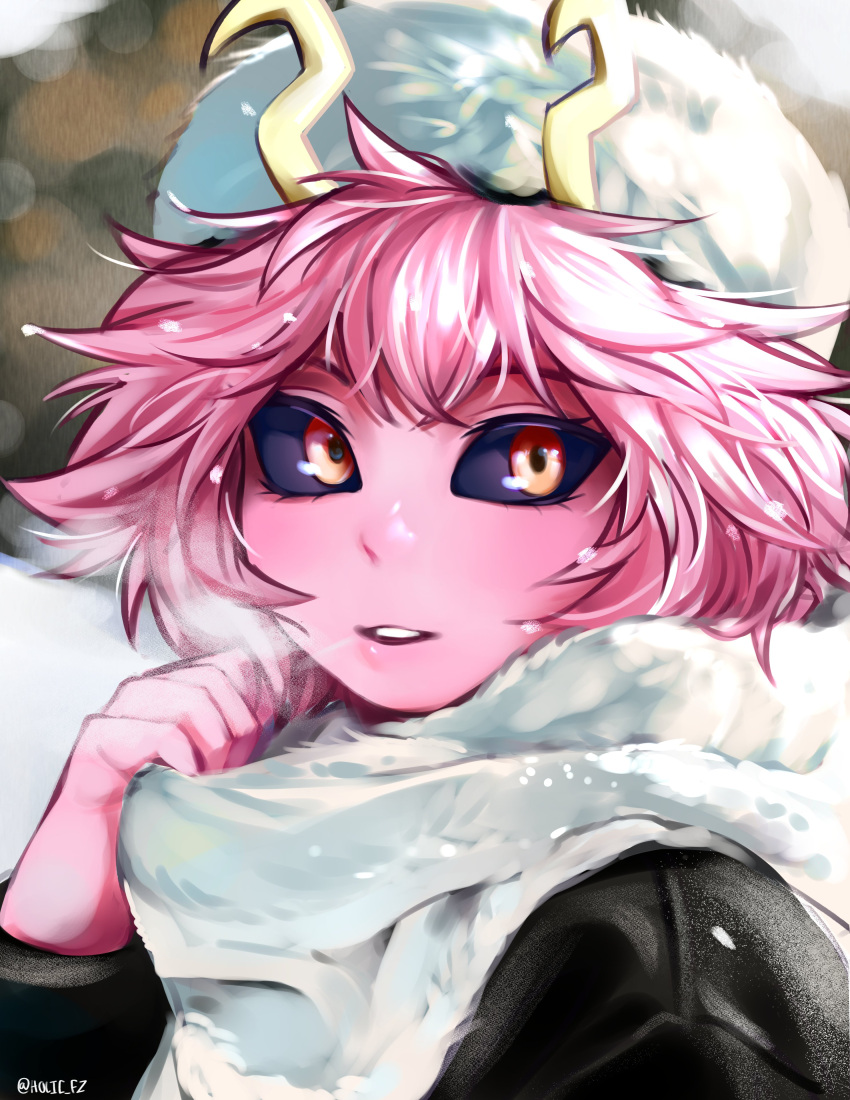 1girl, absurdres, adjusting_scarf, ashido_mina, black_coat, black_sclera, blurry, blurry_background, blush, bokeh, boku_no_hero_academia, breath, close-up, coat, cold, colored_sclera, colored_skin, commentary, depth_of_field, english_commentary, eyelashes, fur_hat, fur_scarf, hair_between_eyes, hat, hhholic, highres, horns, light_blush, looking_at_viewer, messy_hair, outdoors, parted_lips, pink_hair, pink_skin, portrait, red_eyes, scarf, short_hair, snow, solo, teeth, upper_teeth_only, winter