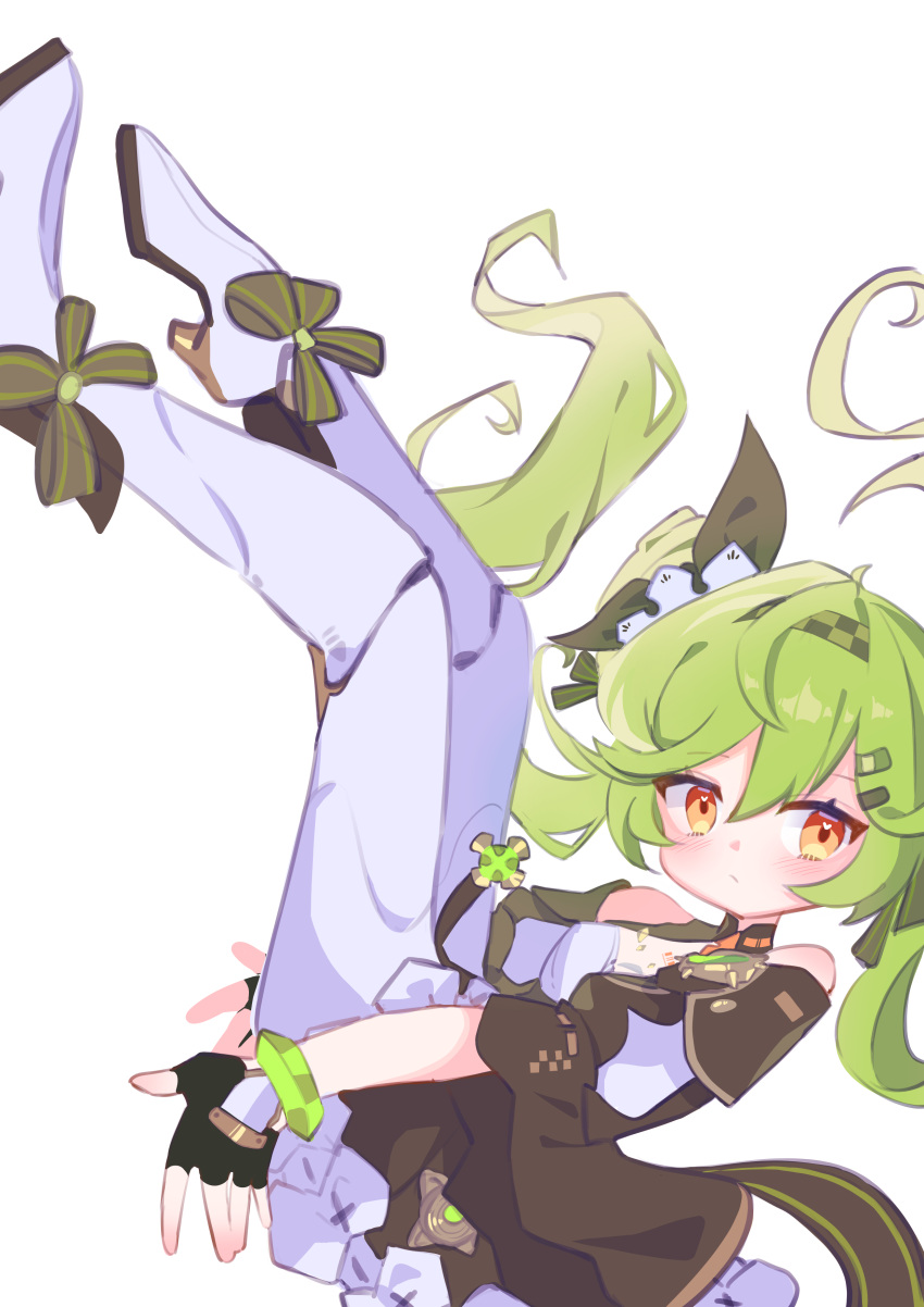 1girl, absurdres, ai_hyperion_lambda, ai_hyperion_lambda_(chrono_navi), black_dress, black_gloves, boots, bow