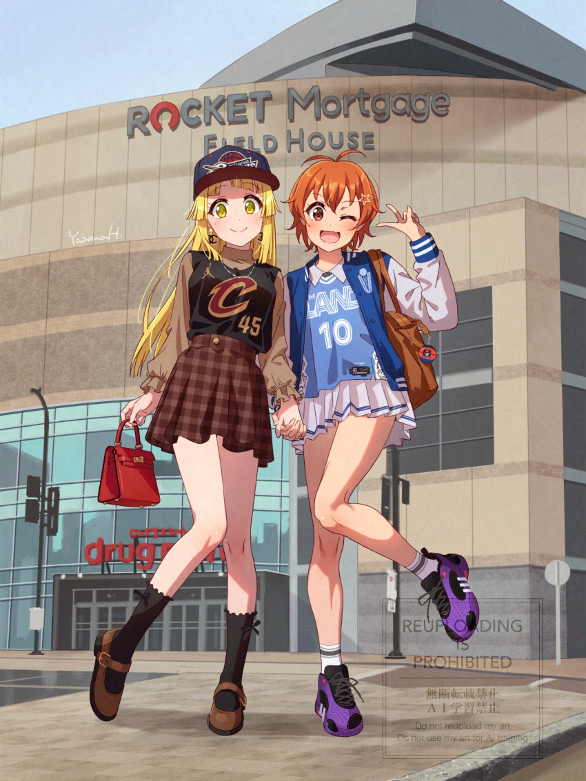 2girls, antenna_hair, bag, bang_dream!, baseball_cap, black_shirt, black_socks, blonde_hair, blue_hat, blue_shirt, blunt_bangs, blush, brown_bag, brown_shoes, brown_skirt, brown_sleeves, closed_mouth, collared_shirt, commentary_request, full_body, gingham_skirt, handbag, hat, high-waist_skirt, highres, holding, holding_bag, jacket, kishimen_hair, kitazawa_hagumi, letterman_jacket, long_hair, mary_janes, miniskirt, multiple_girls, ohio, orange_eyes, orange_hair, outdoors, partial_commentary, pleated_skirt, purple_shoes, real_world_location, red_bag, shirt, shoes, short_hair, shoulder_bag, sidelocks, skirt, smile, sneakers, socks, tsurumaki_kokoro, very_long_hair, watermark, white_skirt, yazawa_happyaro, yellow_eyes