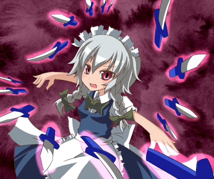 braid, izayoi_sakuya, knife, kotomi_(artist), kotomi_(happy_colors), maid_headdress, red_eyes, silver_hair