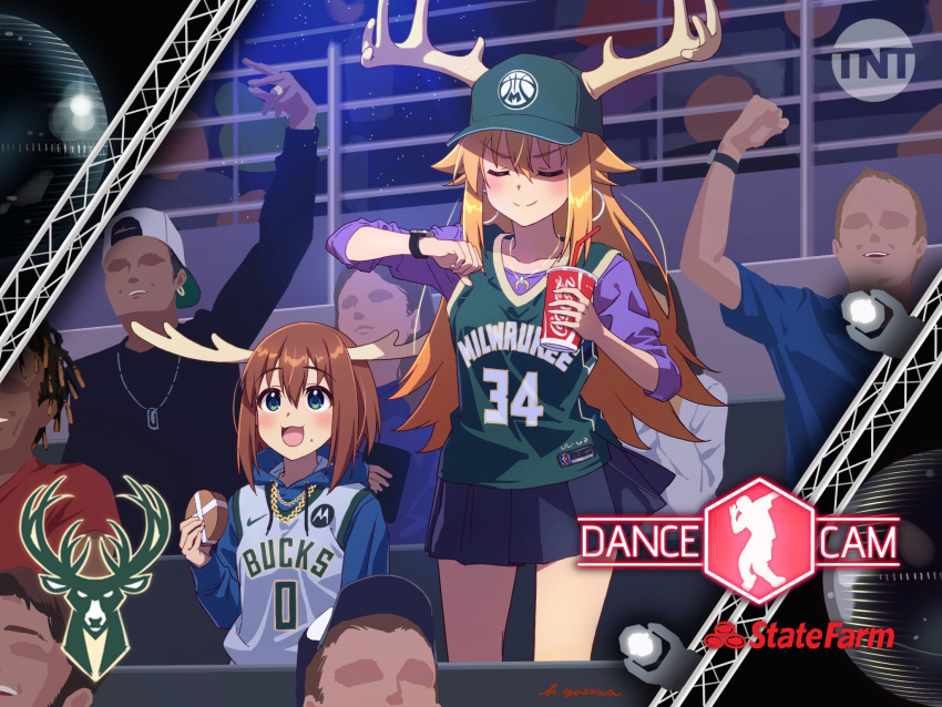 3girls, 5boys, :d, antlers, basketball, basketball_jersey, bleachers, blue_hoodie