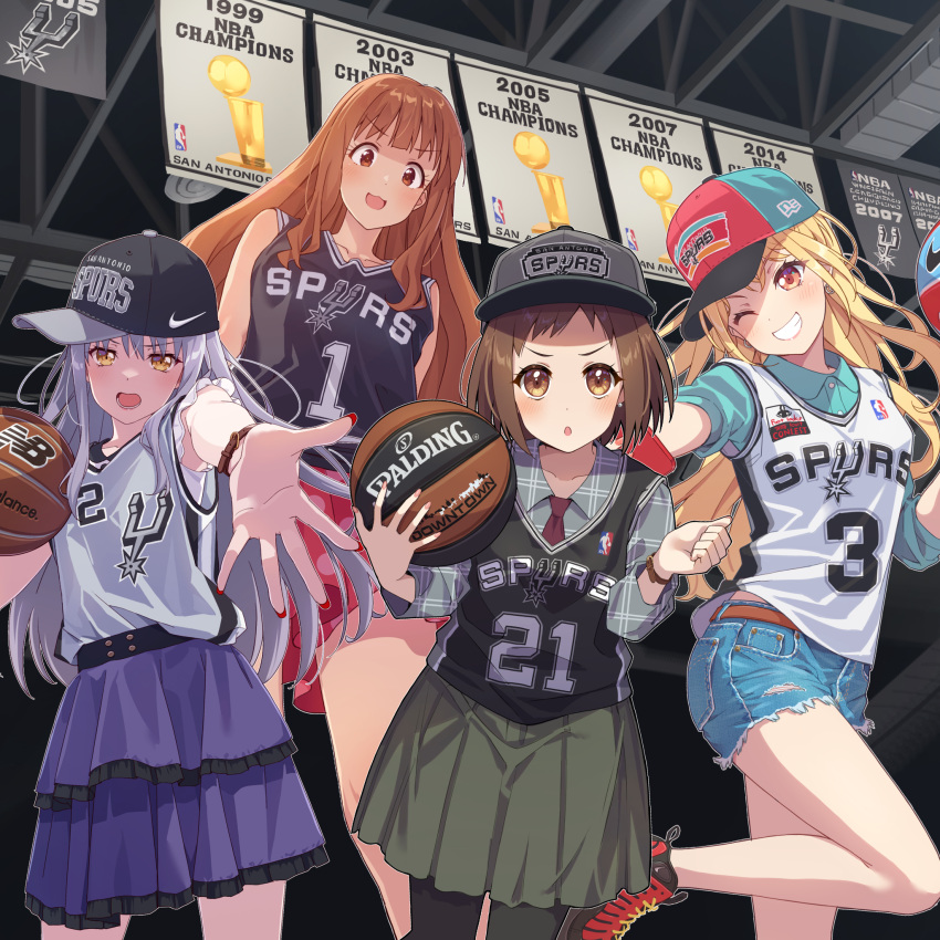 4girls, :3, ;d, aqua_hat, aqua_shirt, ball, bang_dream!, bare_shoulders