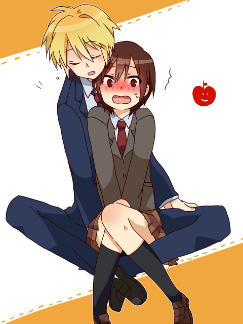 1boy, 1girl, ^^^, apple, between_legs, black_shoes, blazer, blonde_hair