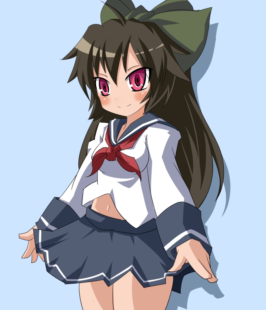 alternate_costume, black_hair, hair_ribbon, kotomi_(artist), kotomi_(happy_colors), long_hair, red_eyes, reiuji_utsuho, ribbon, school_uniform, solo, touhou, very_long_hair