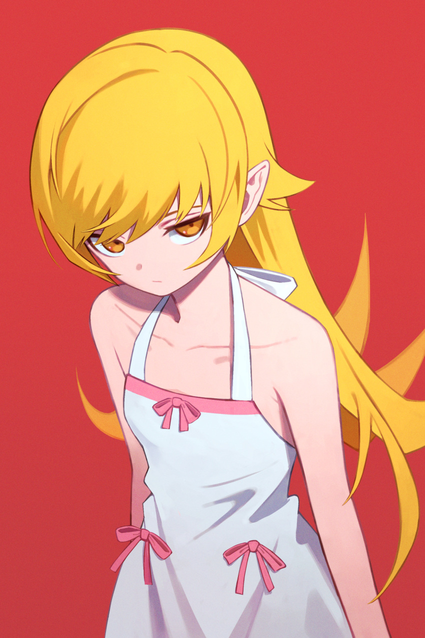 1girl, bare_shoulders, blonde_hair, bow, collarbone, dress, flat_chest, hands_out_of_frame
