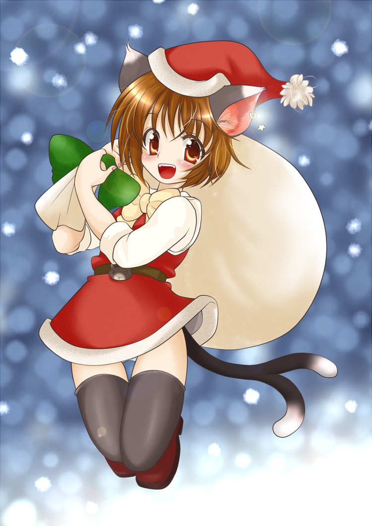 animal_ears, brown_eyes, brown_hair, cat_ears, cat_tail, chen, kotomi_(artist), kotomi_(happy_colors)
