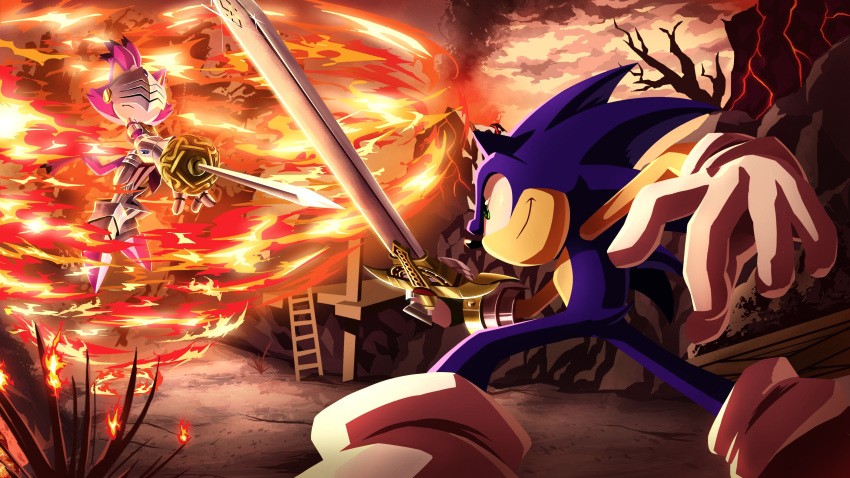 1boy, 1girl, absurdres, animal_ears, armor, blaze_the_cat, caliburn_(sonic), cat_ears, cat_girl, cat_tail, fighting_stance, fire, furry, furry_female, furry_male, gauntlets, gloves, green_eyes, grin, highres, looking_at_another, pocho22059768, rapier, sir_percival_(sonic), smile, sonic_(series), sonic_and_the_black_knight, sonic_the_hedgehog, sword, tail, volcano, weapon