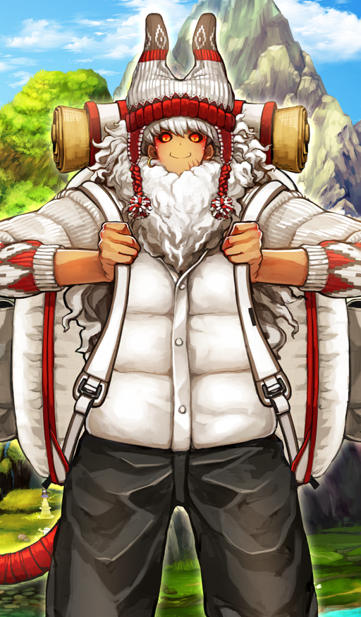 1boy, asterios_(fate), asterios_(traveling_outfit)_(fate), backpack, bag, beard, black_pants, black_sclera