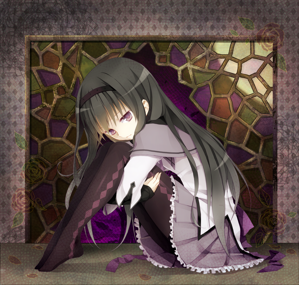 akemi_homura, akira_(ku0427), argyle, argyle_legwear, black_hair, hairband, leg_hug, long_hair