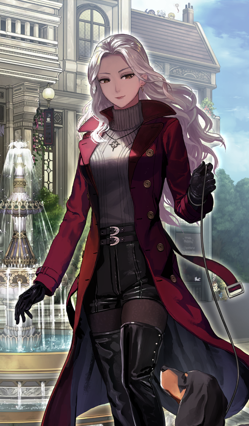 1girl, animal, architecture, arm_at_side, belt, belt_buckle, black_boots, black_gloves, black_pantyhose, black_shorts, blue_sky, boots, breasts, brown_belt, buckle, building, buttons, carmilla_(fate), carmilla_(traveling_outfit)_(fate), character_doll, clouds, coat, commentary, cu_chulainn_(fate), curtained_hair, dachshund, day, dog, double-breasted, earrings, fate/grand_order, fate_(series), feet_out_of_frame, fountain, gloves, grey_sweater, holding, holding_leash, jason_(fate), jewelry, kaleidostick, lapels, leash, light_smile, long_coat, long_hair, long_sleeves, looking_at_animal, magical_ruby, medium_breasts, mini_cu-chan_(fate), necklace, official_art, okojo, open_clothes, open_coat, outdoors, pantyhose, red_coat, shorts, sky, solo, sunlight, sweater, thigh_boots, third-party_source, thomas_edison_(fate), tree, turtleneck, turtleneck_sweater, two-sided_coat, two-sided_fabric, walking, water, white_hair