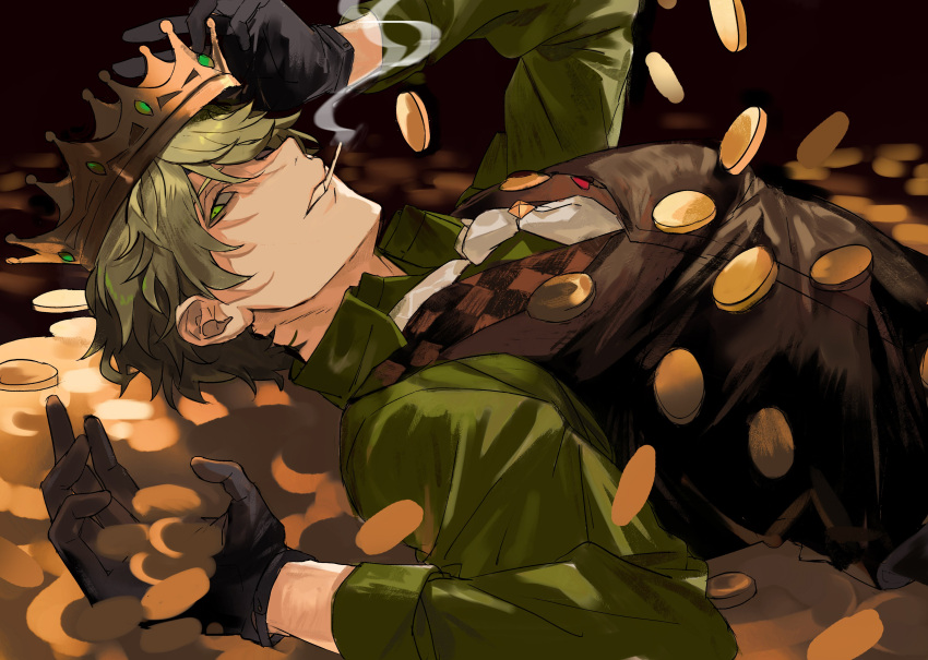 1boy, absurdres, black_gloves, black_vest, blonde_hair, brown_background, checkered_clothes, checkered_vest, cigarette, crown, gloves, gold_crown, green_eyes, green_shirt, hair_between_eyes, helios_rising_heroes, highres, holding, holding_cigarette, keith_max, looking_at_viewer, lying, male_focus, money, nana_tetra, necktie, on_back, parted_lips, shirt, short_hair, smoke, smoking, solo, teeth, upper_body, vest, white_necktie