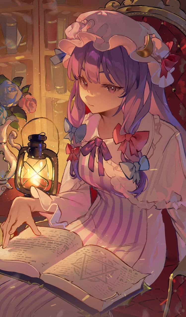 1girl, blue_bow, book, book_on_lap, bookshelf, bow, closed_mouth, crescent, crescent_hat_ornament, crescent_moon, dress, ender_xiaohai, flower, hair_bow, hat, hat_ornament, highres, indoors, lantern, library, long_hair, long_sleeves, looking_at_viewer, mob_cap, moon, on_chair, open_book, patchouli_knowledge, purple_dress, purple_hair, red_bow, robe, sitting, solo, striped_clothes, striped_dress, touhou, vertical-striped_clothes, vertical-striped_dress, violet_eyes, white_hat, white_robe
