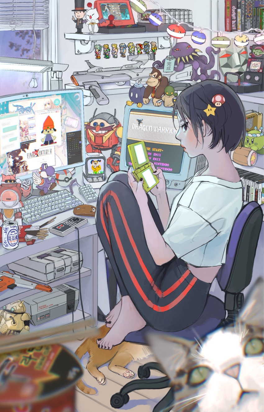 1girl, barefoot, black_hair, black_nails, black_pants, can, chair, chopsticks