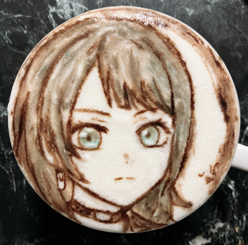 1girl, bang_dream!, bang_dream!_it's_mygo!!!!!, black_choker, black_hair, blue_eyes, blunt_bangs, choker, closed_mouth, commentary_request, earrings, expressionless, food_art_(medium), highres, jewelry, latte_art_(medium), looking_at_viewer, photo_(medium), portrait, r_(naor323334), solo, split_mouth, unconventional_media, v-shaped_eyebrows, yahata_umiri