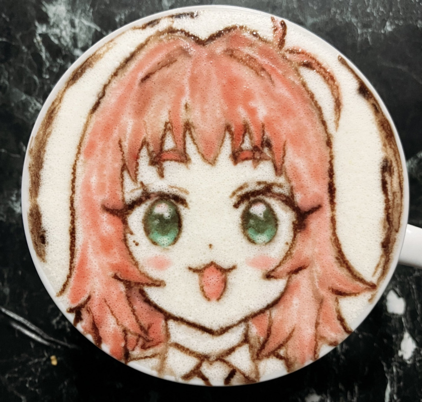 1girl, :3, :d, antenna_hair, food_art_(medium), green_eyes, hair_intakes, highres, kimi_no_koto_ga_dai_dai_dai_dai_daisuki_na_100-nin_no_kanojo, latte_art_(medium), looking_at_viewer, medium_hair, open_mouth, photo_(medium), pink_hair, portrait, r_(naor323334), smile, solo, straight-on, unconventional_media, yakuzen_kusuri