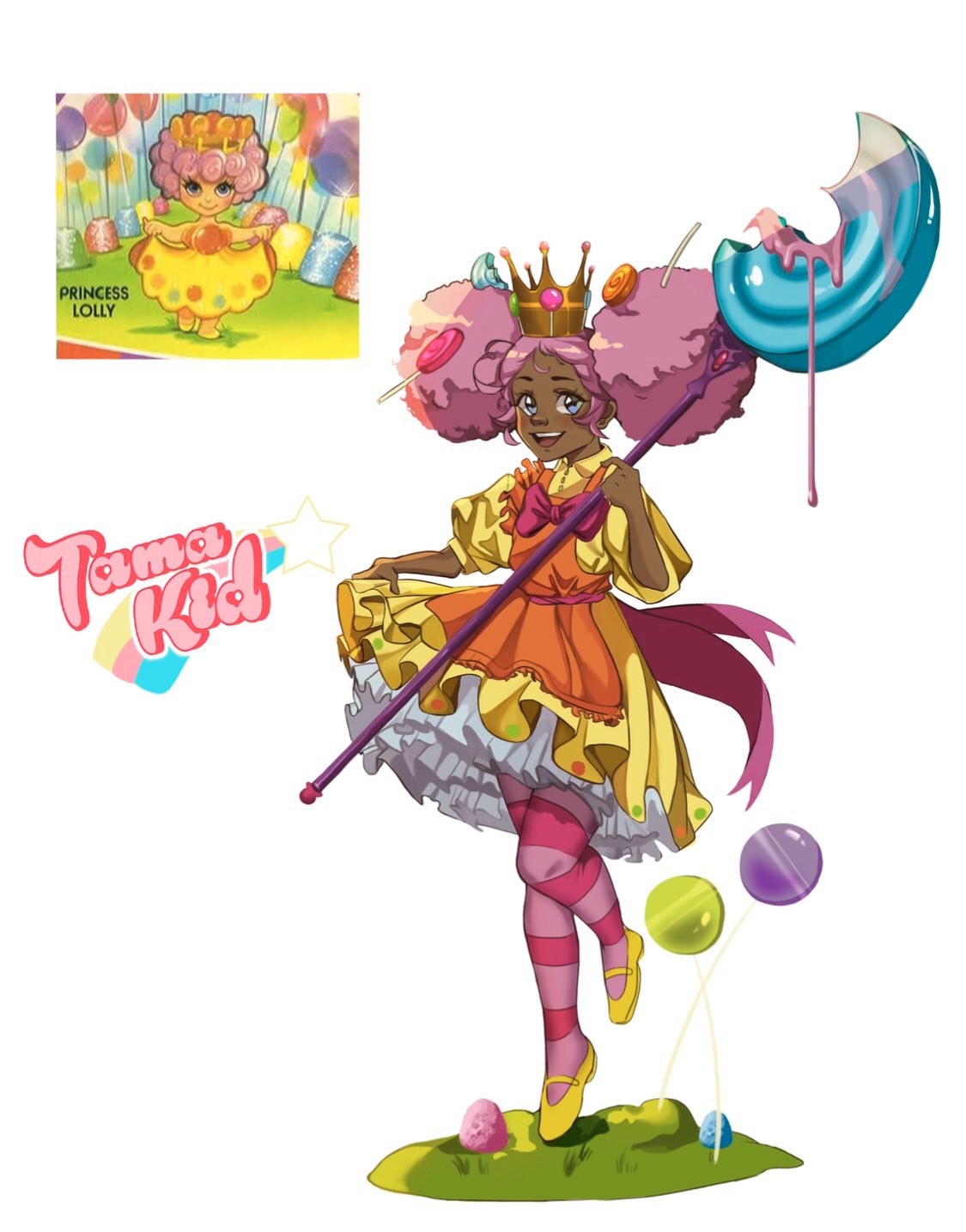 1girl, afro_puffs, apron, blue_eyes, bow, candy, candyland, commentary, crown, dark-skinned_female, dark_skin, dress, english_commentary, food, food-themed_weapon, food_in_hair, full_body, gumdrop_(candy), highres, holding, holding_candy, holding_food, holding_lollipop, lollipop, open_mouth, orange_apron, pantyhose, pink_bow, pink_hair, pink_pantyhose, princess_lolly, reference_inset, shoes, signature, striped_clothes, striped_pantyhose, tamakid, yellow_dress, yellow_shoes