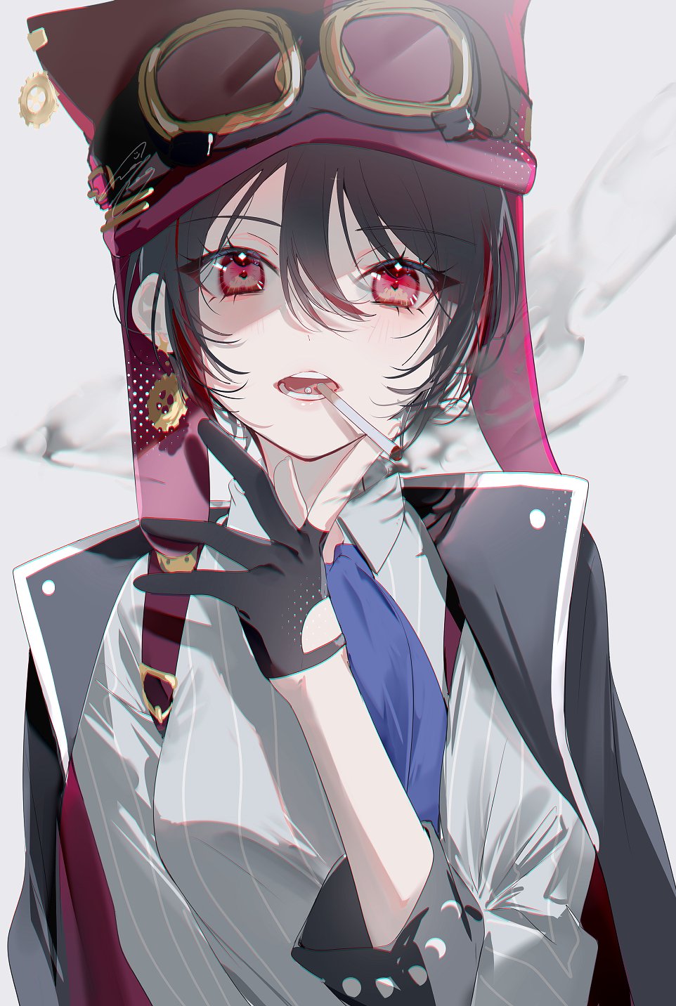 1girl, aogiri_koukou, black_hair, cigarette, dress_shirt, finger_to_own_chin, gloves, goggles