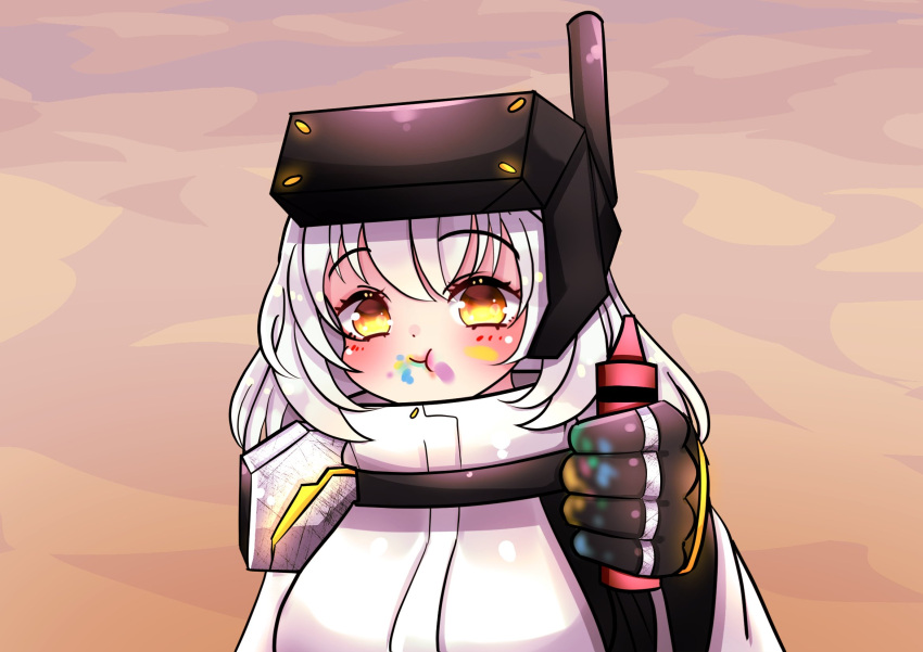 1girl, blush, chokilicious, cloak, crayon, dirty, dirty_face, eating_crayons