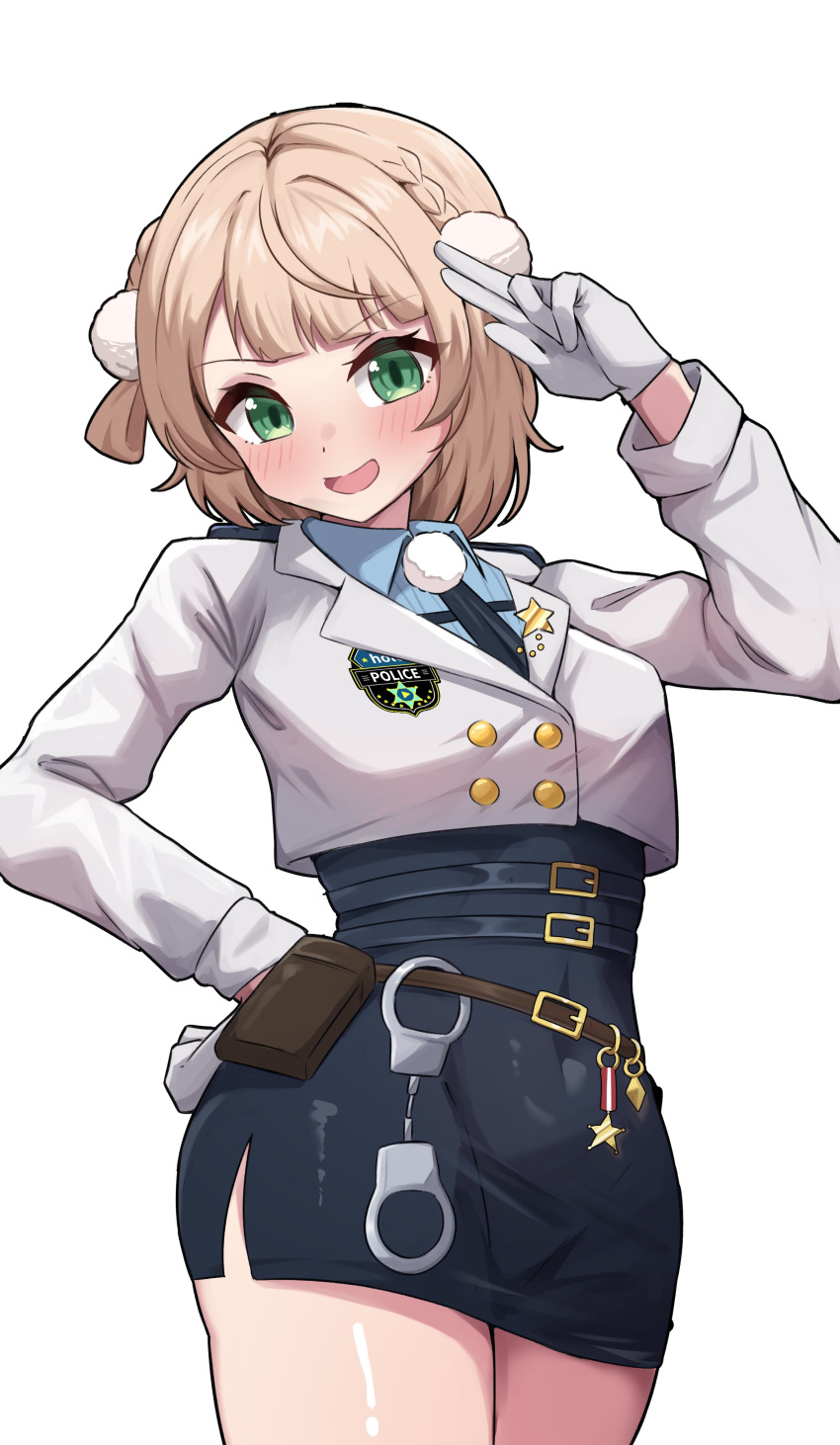 1girl, absurdres, belt, belt_pouch, black_belt, black_necktie, blonde_hair, blue_shirt