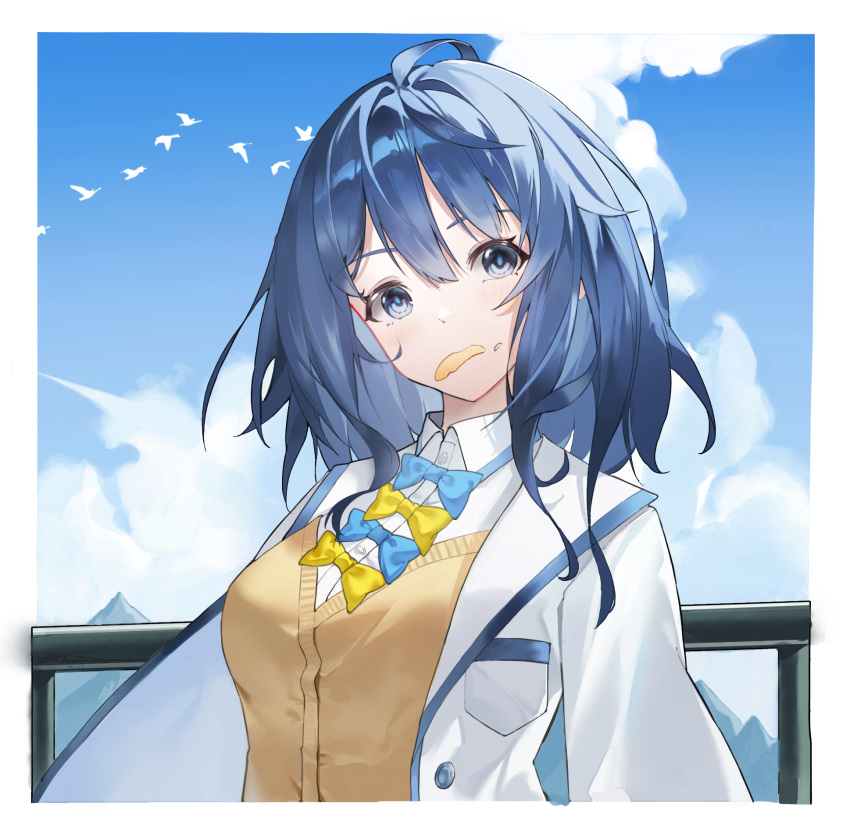 1girl, ahoge, blazer, blue_bow, blue_bowtie, blue_eyes, blue_hair, bow