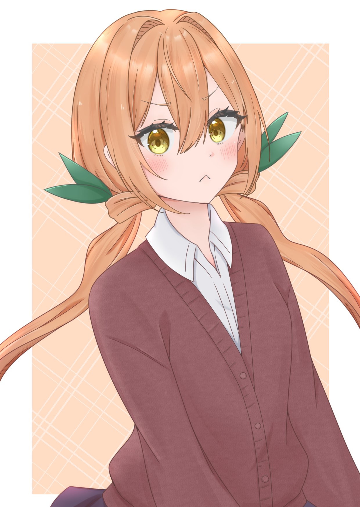 1girl, :<, black_skirt, blush, border, breasts, brown_cardigan, cardigan