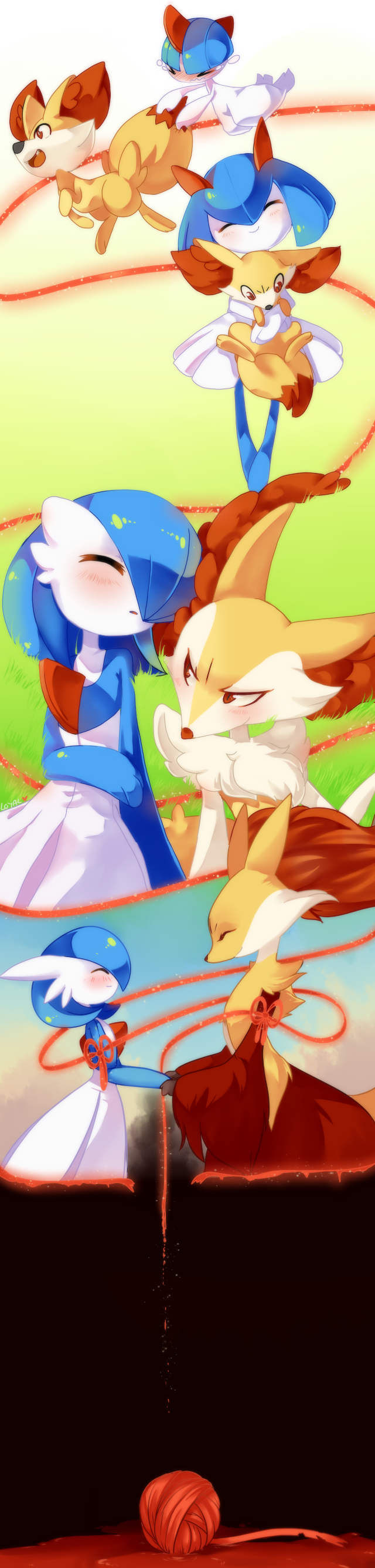 absurdres, alternate_color, blue_hair, blue_skin, blush, bob_cut, braixen, closed_eyes, colored_skin, delphox, destiny_knot_(pokemon), dress, fennekin, furry, gardevoir, hair_over_one_eye, highres, kirlia, loyaldis, multicolored_fur, multicolored_skin, orange_fur, pokemon, pokemon_(creature), ralts, shiny_pokemon, smile, tall_image, two-tone_skin, white_dress, white_fur, white_skin, yellow_fur