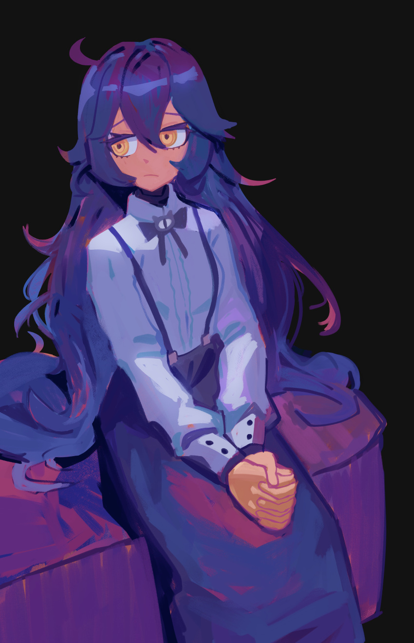 absurdres, ahoge, black_bow, black_bowtie, black_hair, bow, bowtie, breasts