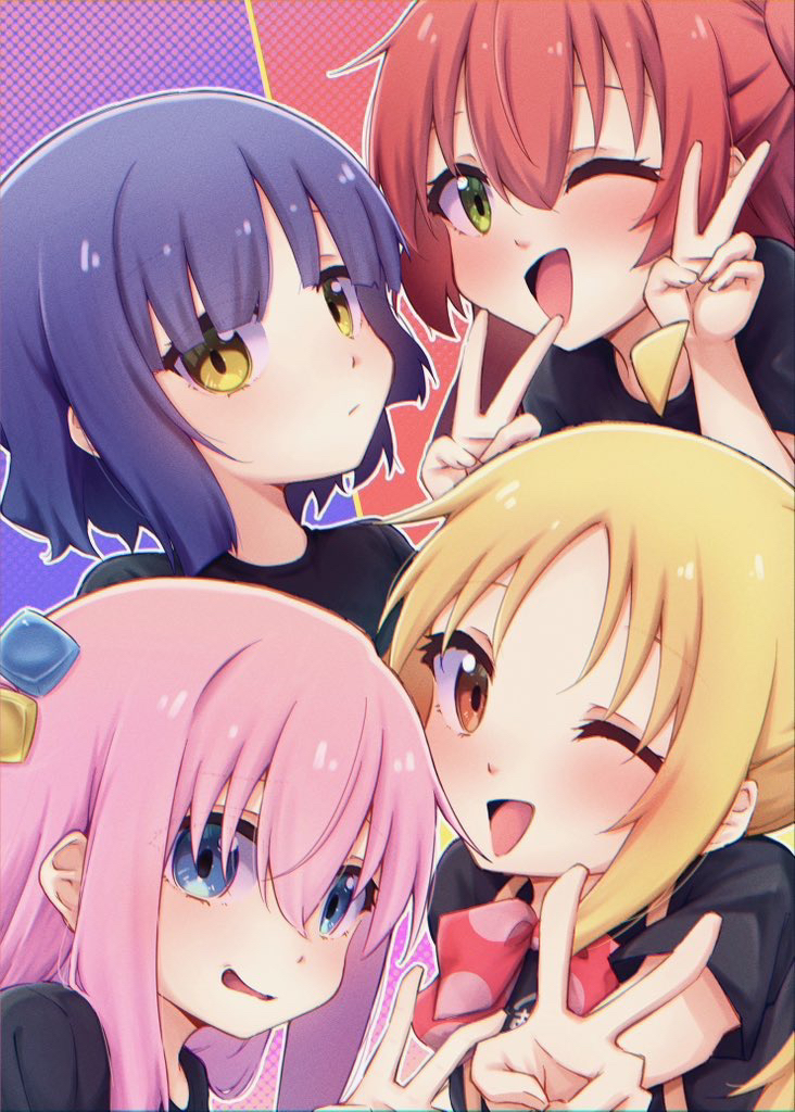 4girls, ;d, black_shirt, blonde_hair, blue_eyes, blue_hair, blush, bocchi_the_rock!, closed_mouth, commentary_request, cube_hair_ornament, gotoh_hitori, green_eyes, hair_ornament, hair_over_one_eye, ijichi_nijika, kita_ikuyo, looking_at_viewer, multiple_girls, nervous_smile, one_eye_closed, open_mouth, orange_eyes, outline, pink_background, pink_hair, purple_background, red_background, red_hair, shirt, short_sleeves, smile, tro_illust0821, v, white_outline, yamada_ryo, yellow_background, yellow_eyes