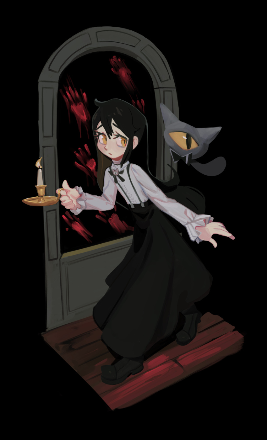 ahoge, black_bow, black_bowtie, black_hair, black_shoes, bloody_handprints, bow, bowtie