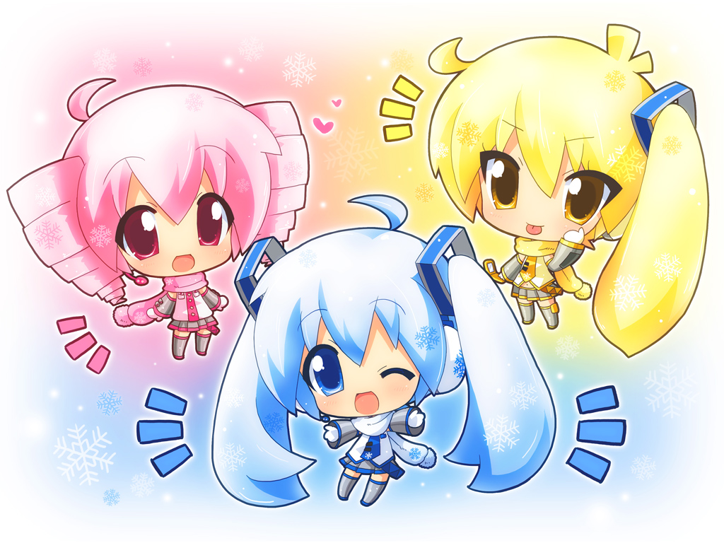 akita_neru, blonde_hair, blue_eyes, blue_hair, chibi, cosplay, drill_hair, hahifuhe