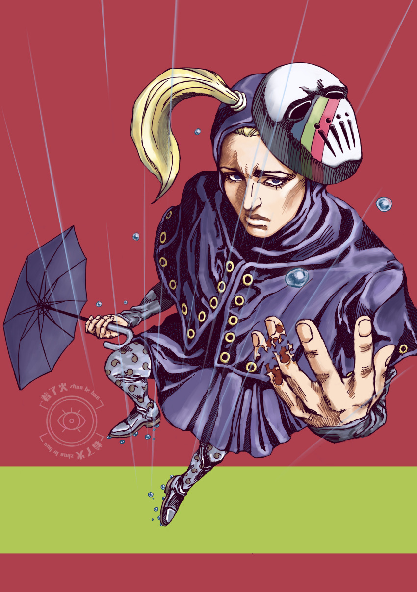 1boy, absurdres, araki_hirohiko_(style), blackmore, blonde_hair, blue_capelet, blue_coat, blue_eyes