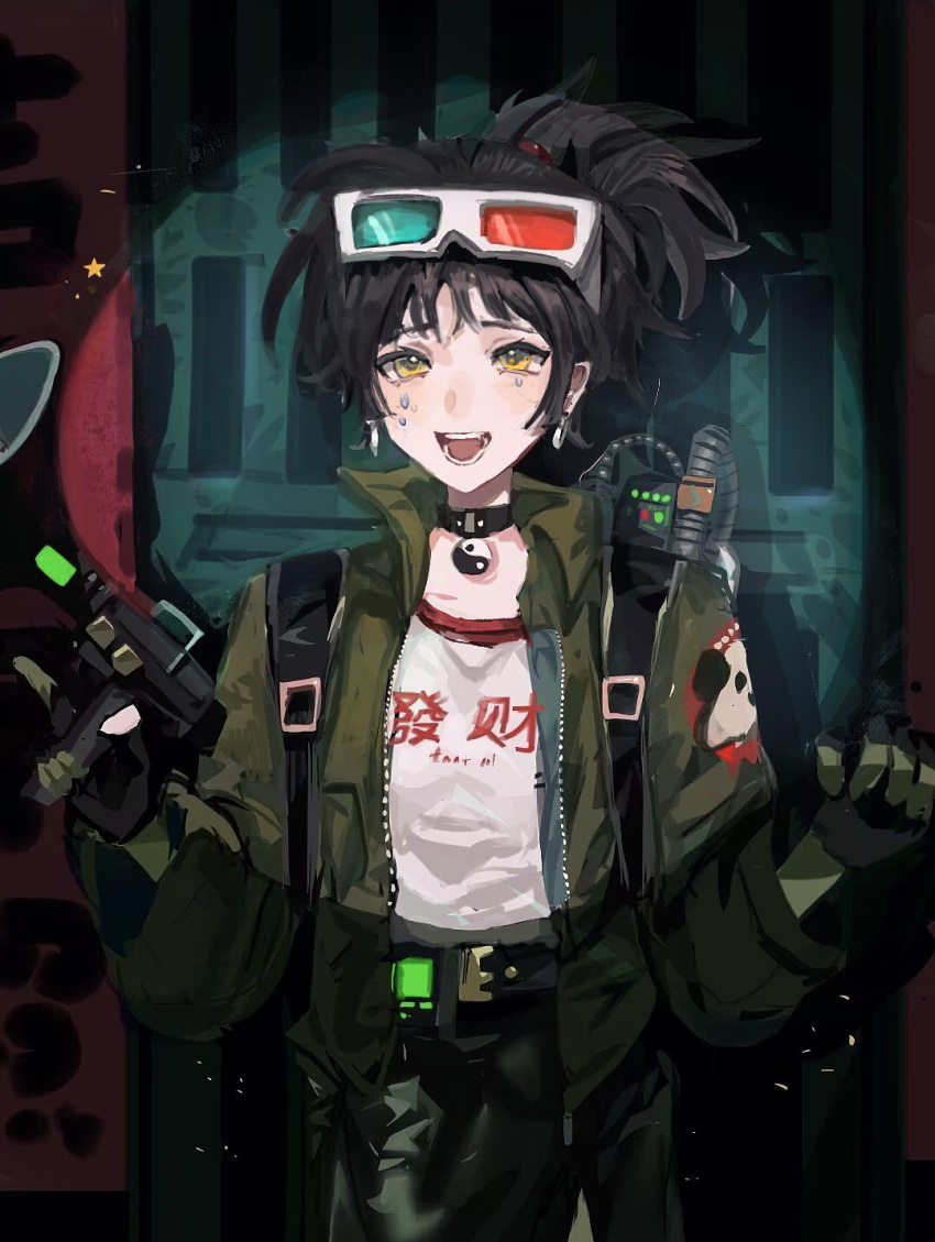 1girl, 3d_glasses, :d, an-an_lee, backpack, bag, black_bag, black_choker, black_gloves, black_hair, black_skirt, choker, clothes_writing, dark_background, eyewear_on_head, fingerless_gloves, fllouvge, gloves, green_jacket, hands_up, heterochromatic_eyewear, highres, holding, holding_megaphone, jacket, looking_at_viewer, megaphone, ponytail, reverse:1999, revision, shirt, short_hair, skirt, smile, solo, sweat, tinted_eyewear, upper_body, white_shirt, yellow_eyes, yin_yang