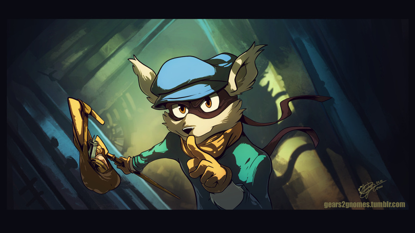 1boy, animal_ears, blue_hat, blue_shirt, english_commentary, finger_to_mouth, furry, furry_male