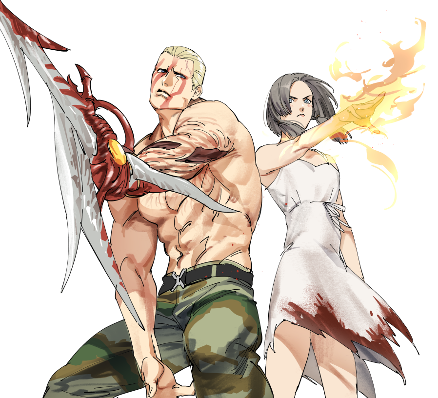 1boy, 1girl, abs, biceps, blade_arm, blonde_hair, blood, blood_on_clothes