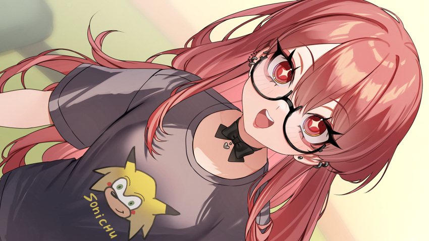 1girl, black_bow, black_bowtie, bow, bowtie, clothes_writing, earrings, eyelashes