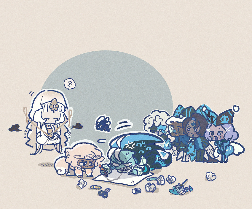3boys, 3girls, closed_eyes, closed_mouth, cloud_haetae_cookie, cookie_run, cookie_run:_kingdom, hat, highres, jester, jester_cap, looking_at_another, multiple_boys, multiple_girls, mystic_flour_cookie, robe, shadow_milk_cookie, sleeping, smol-smol-baby, veil, white_hair, white_robe, zzz