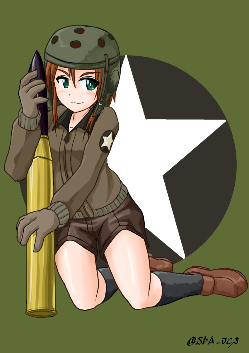 1girl, black_socks, brown_gloves, brown_hair, brown_jacket, brown_shoes, brown_shorts, cartridge, girls_und_panzer, gloves, green_eyes, green_helmet, helmet, helmet-chan_(girls_und_panzer), highres, holding_tank_shell, jacket, looking_to_the_side, nspa_(spa-jcs), saunders_military_uniform, shoes, short_hair, short_shorts, shorts, smile, socks, star_(symbol), tank_helmet, tank_shell