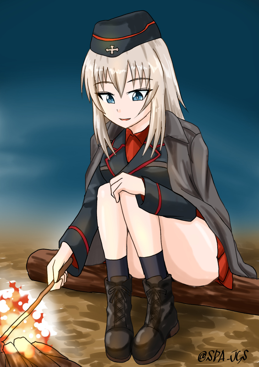 ankle_boots, black_blanket, black_boots, black_hat, black_jacket, black_socks, blue_eyes, bonfire