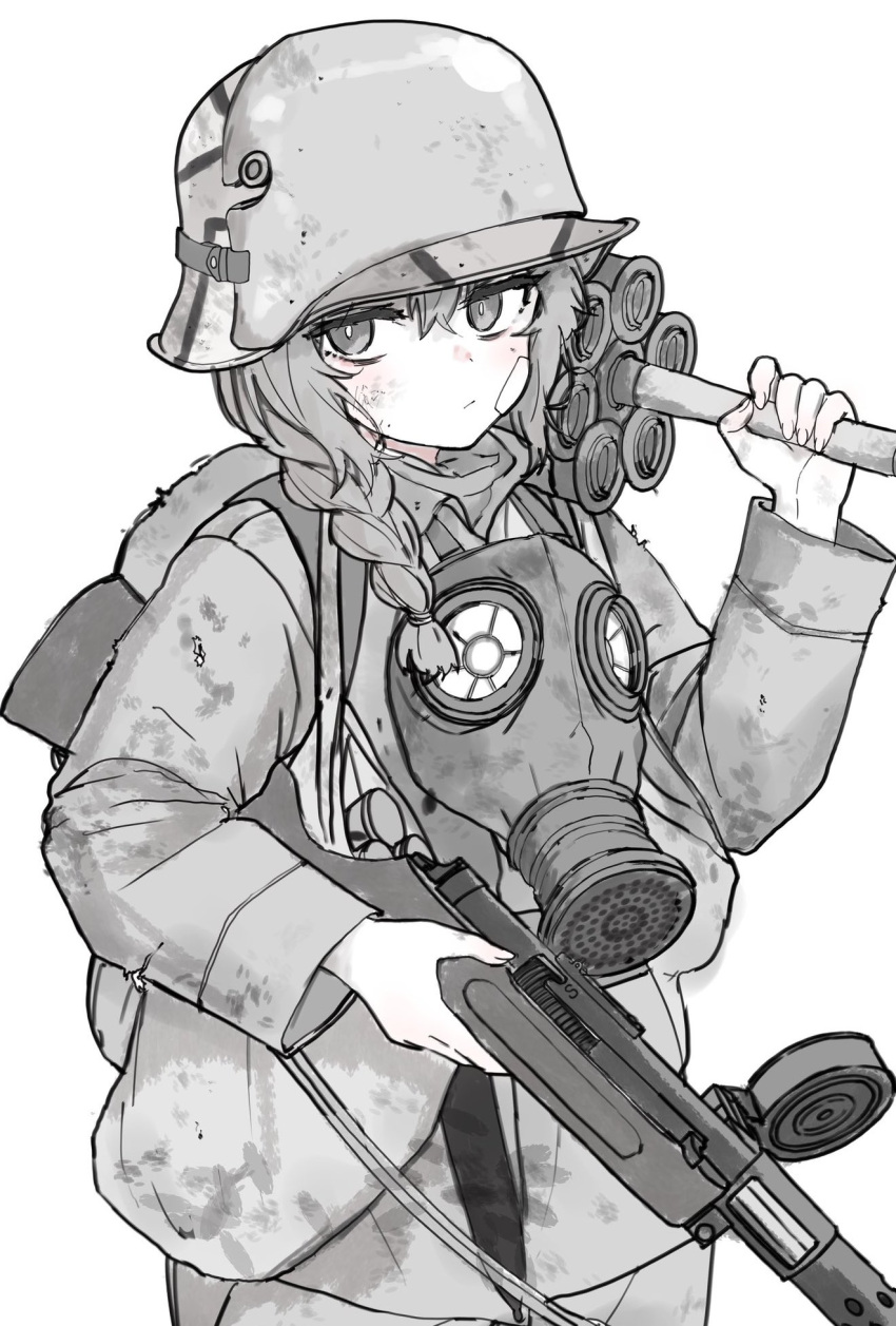 1girl, anti-tank_grenade, black_and_white, braid, camouflage_helmet, dirty_clothes, gas_mask, german_army