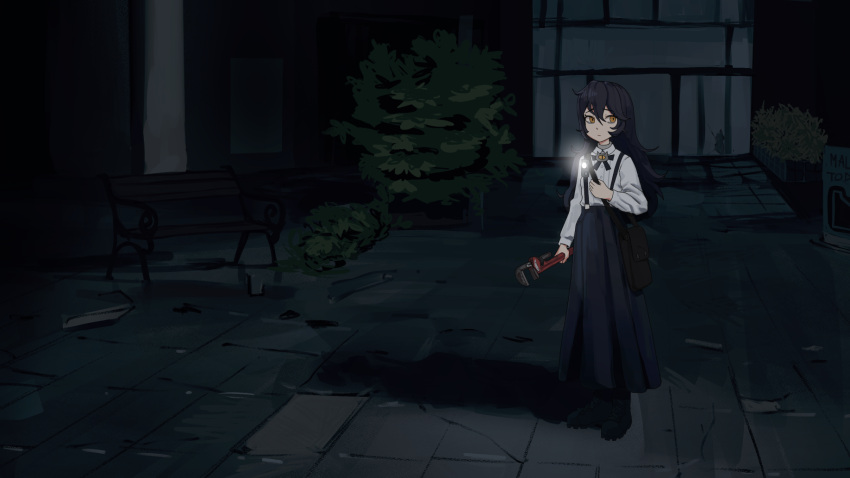 1girl, ahoge, bag, black_bow, black_bowtie, black_hair, black_shoes, bow