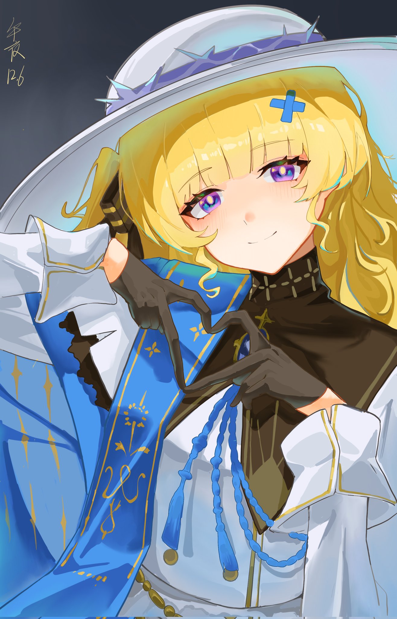 1girl, 4-finger_heart_hands, black_bow, black_collar, black_gloves, blonde_hair, blue_gemstone, blue_sash