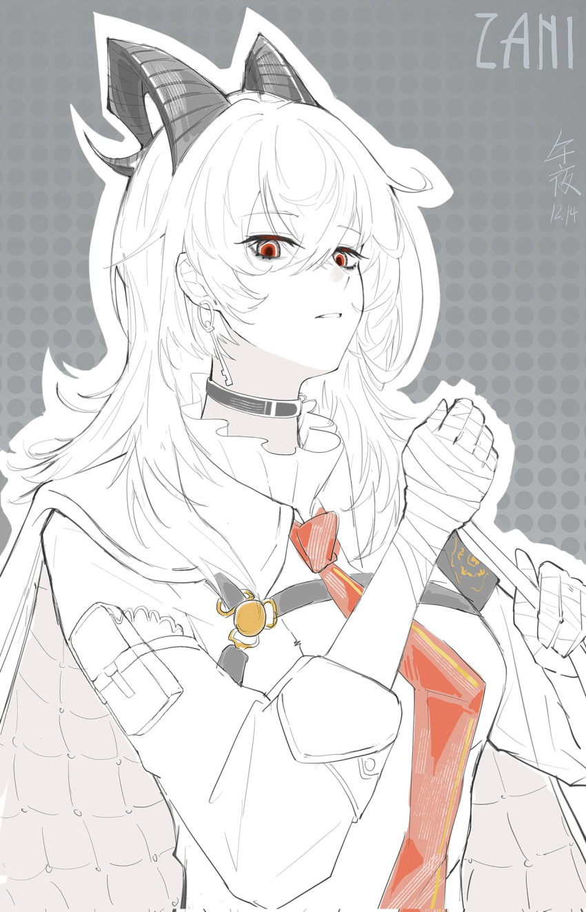 1girl, armband, bandaged_hand, bandages, black_armband, black_choker, black_horns, character_name