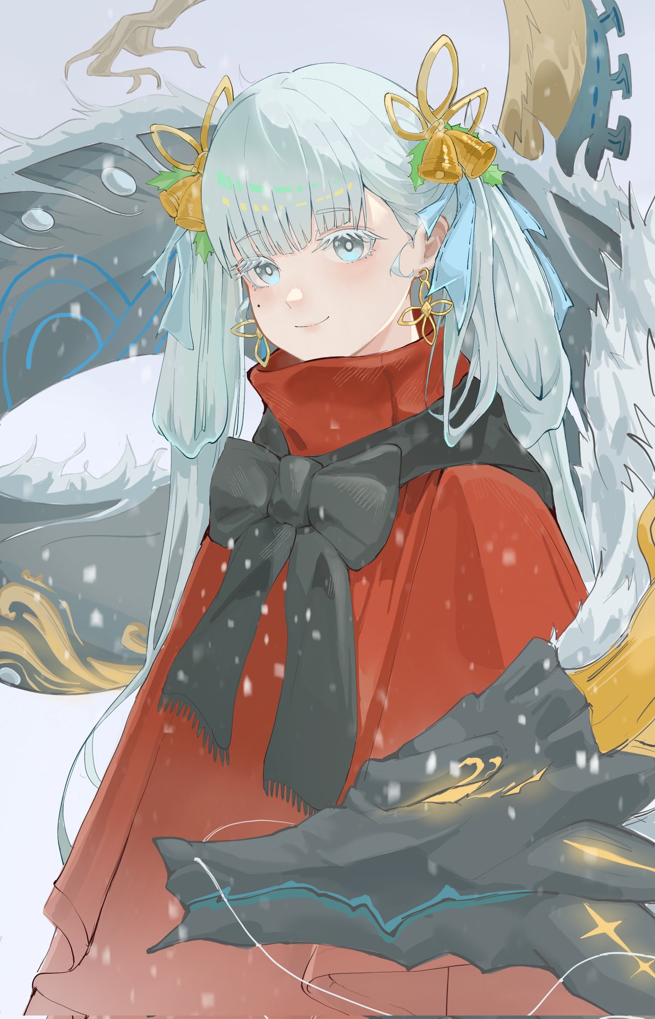 1girl, alternate_costume, bell, black_bow, black_bowtie, black_scarf, blue_bow, bow