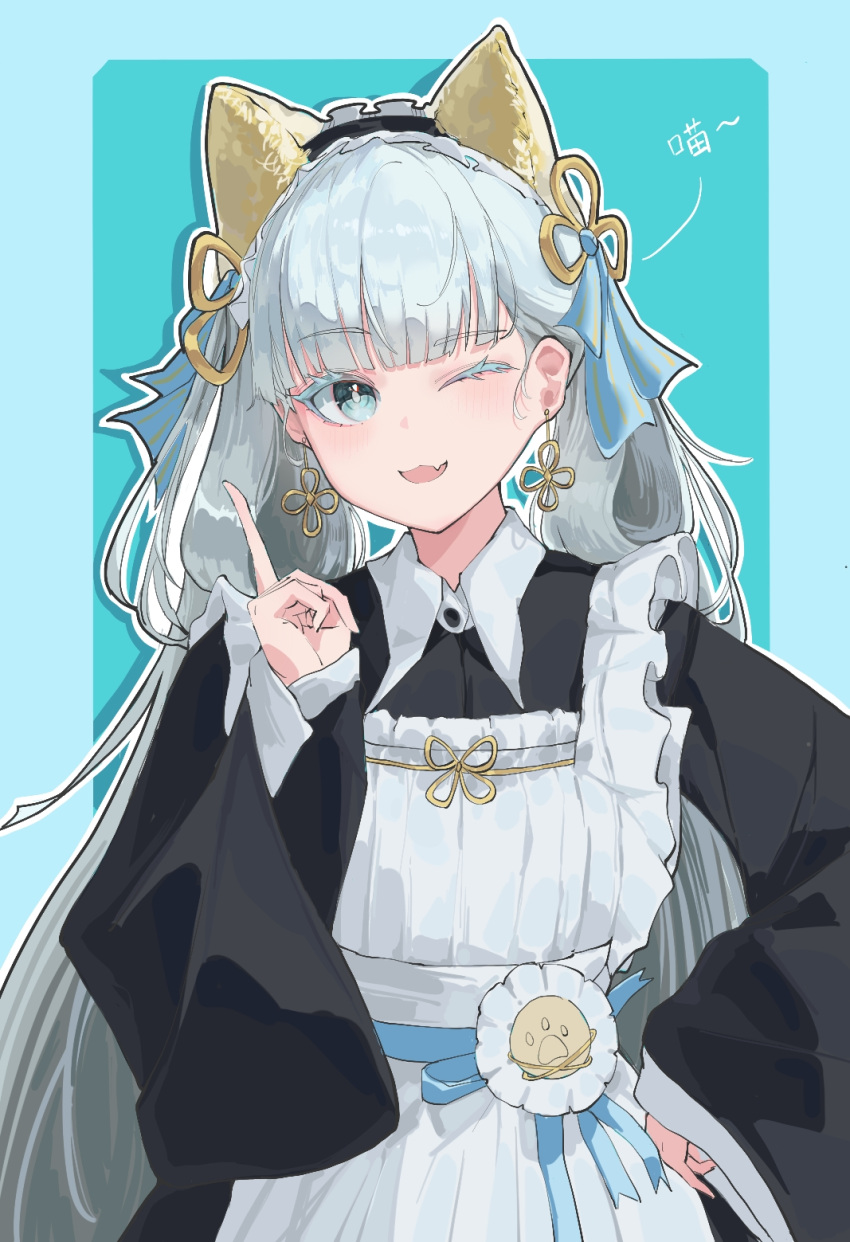 1girl, alternate_costume, apron, black_dress, blue_background, blue_bow, bow, bright_pupils, collared_dress, colored_eyelashes, commentary_request, dress, earrings, enmaided, hair_bow, hand_on_own_hip, highres, index_finger_raised, jewelry, jinhsi_(wuthering_waves), long_hair, long_sleeves, looking_at_viewer, low_twintails, maid, maid_headdress, multiple_hair_bows, one_eye_closed, open_mouth, smile, solo, twintails, two_side_up, upper_body, very_long_hair, white_apron, white_eyelashes, white_eyes, white_hair, white_pupils, wuthering_waves, wuye_z