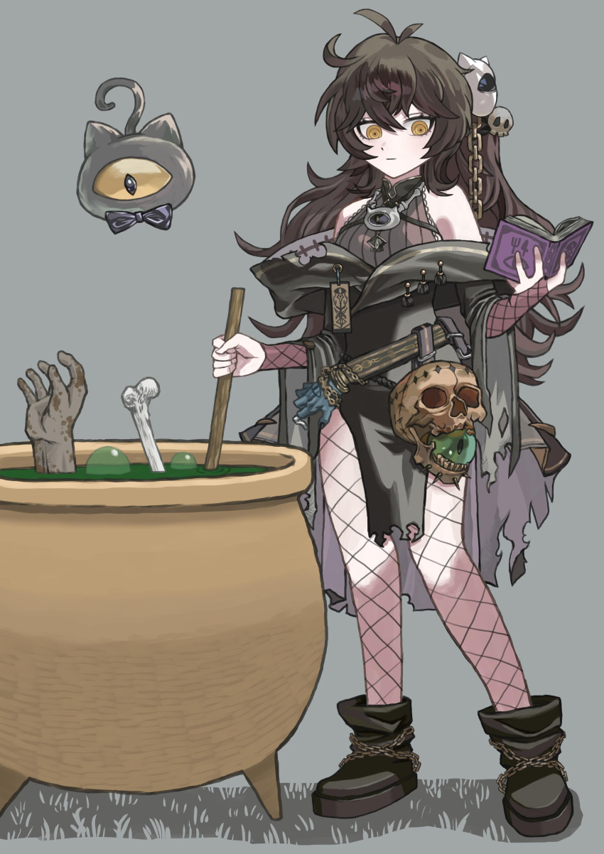 1girl, absurdres, ahoge, ambiguous_green_liquid, antenna_hair, bare_shoulders, belt, black_hair