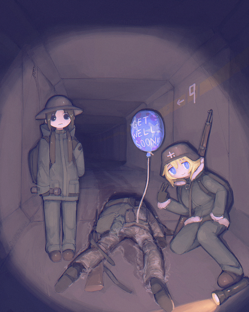 2girls, balloon, black_eyes, black_hair, blonde_hair, blue_eyes, brodie_helmet, chito_(shoujo_shuumatsu_ryokou)