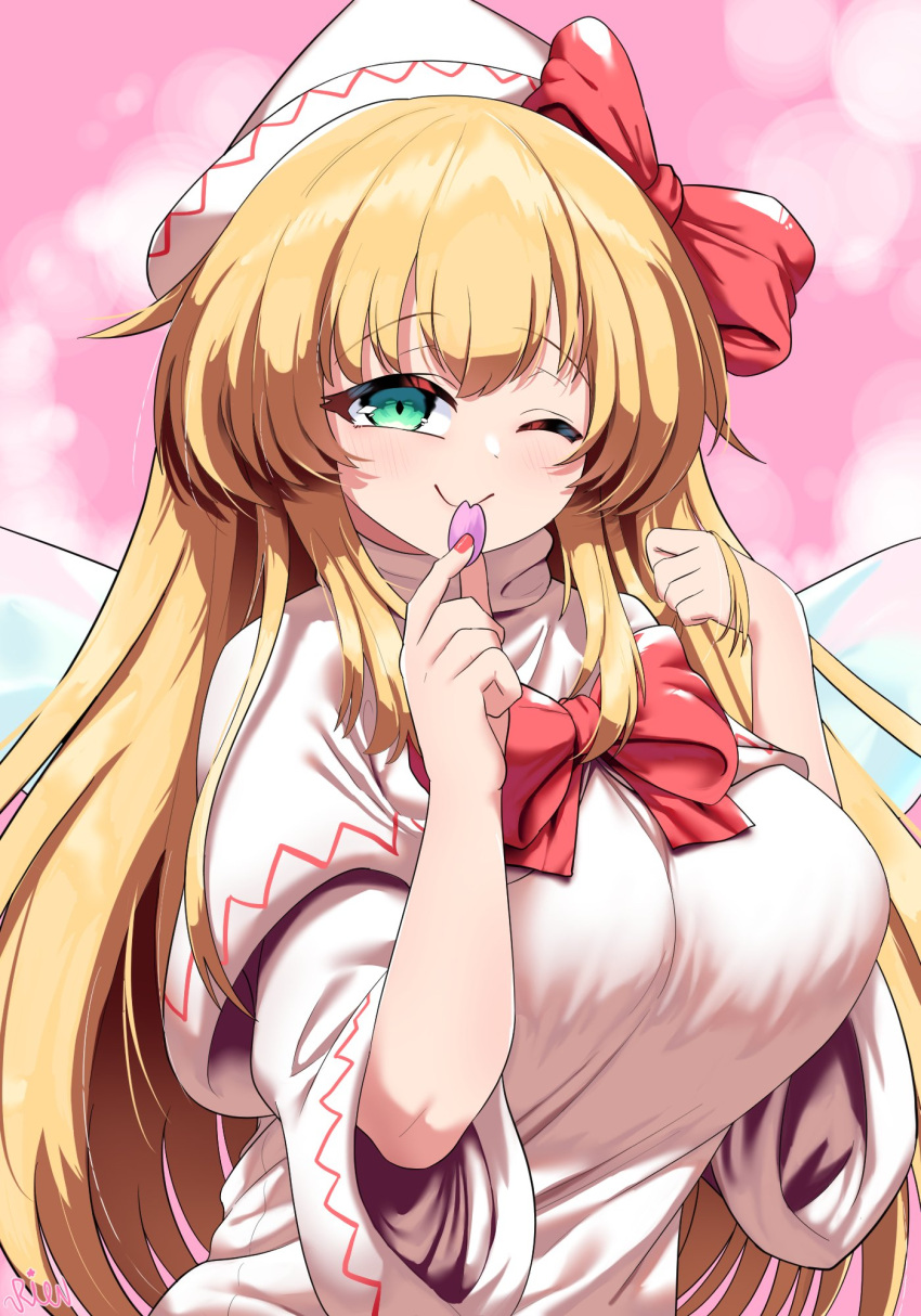 1girl, blonde_hair, blush, breasts, capelet, cherry_blossoms, dress, fairy